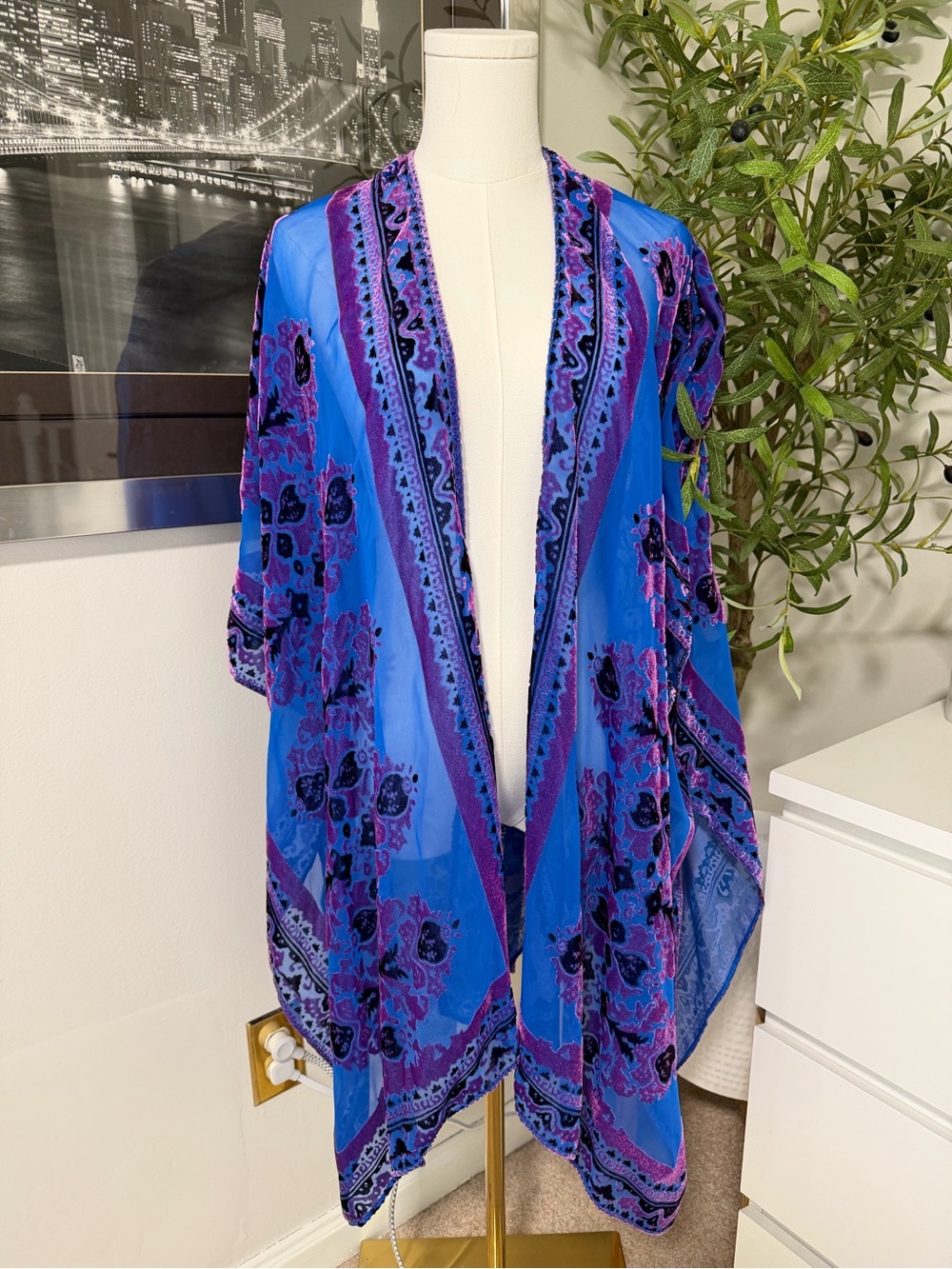 Free People Blue Purple Velvet Burnout Floral Kimono One Size